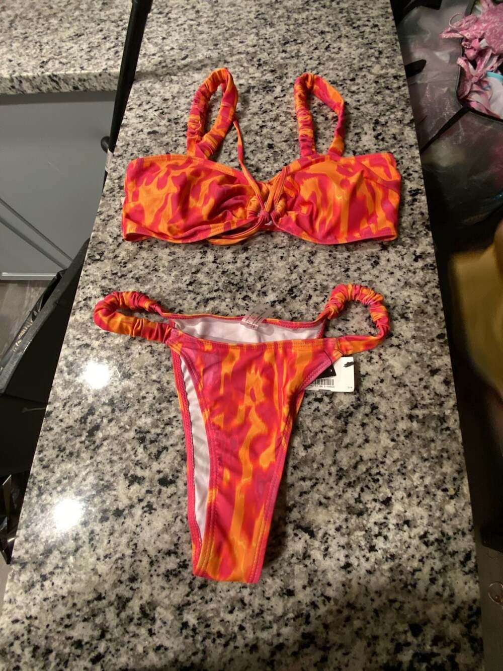 SHEIN Pink and Orange Tie Dye Ruched Straps Bikini Set Size M